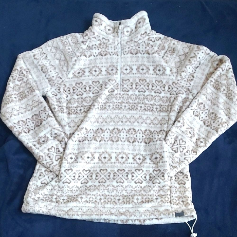 Ladies Eddie Bauer Cozy Cream & Brown 1/4 Zip Patterned Fleece Size Medium